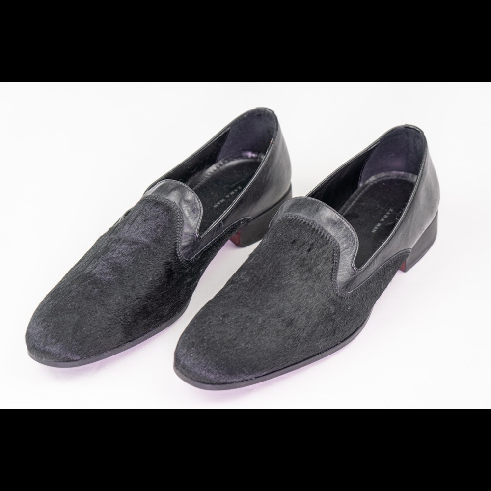 Zara Leather Slide Loafers Faux Fur Black Mens 10